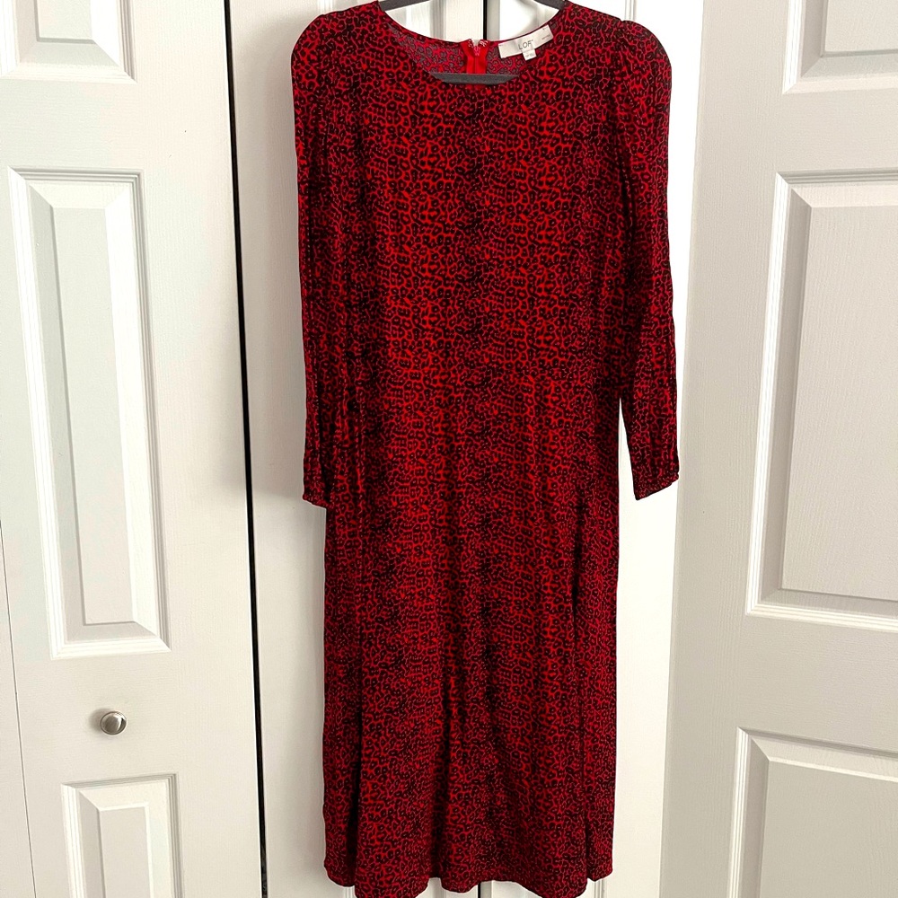 Loft red leopard doting midi dress